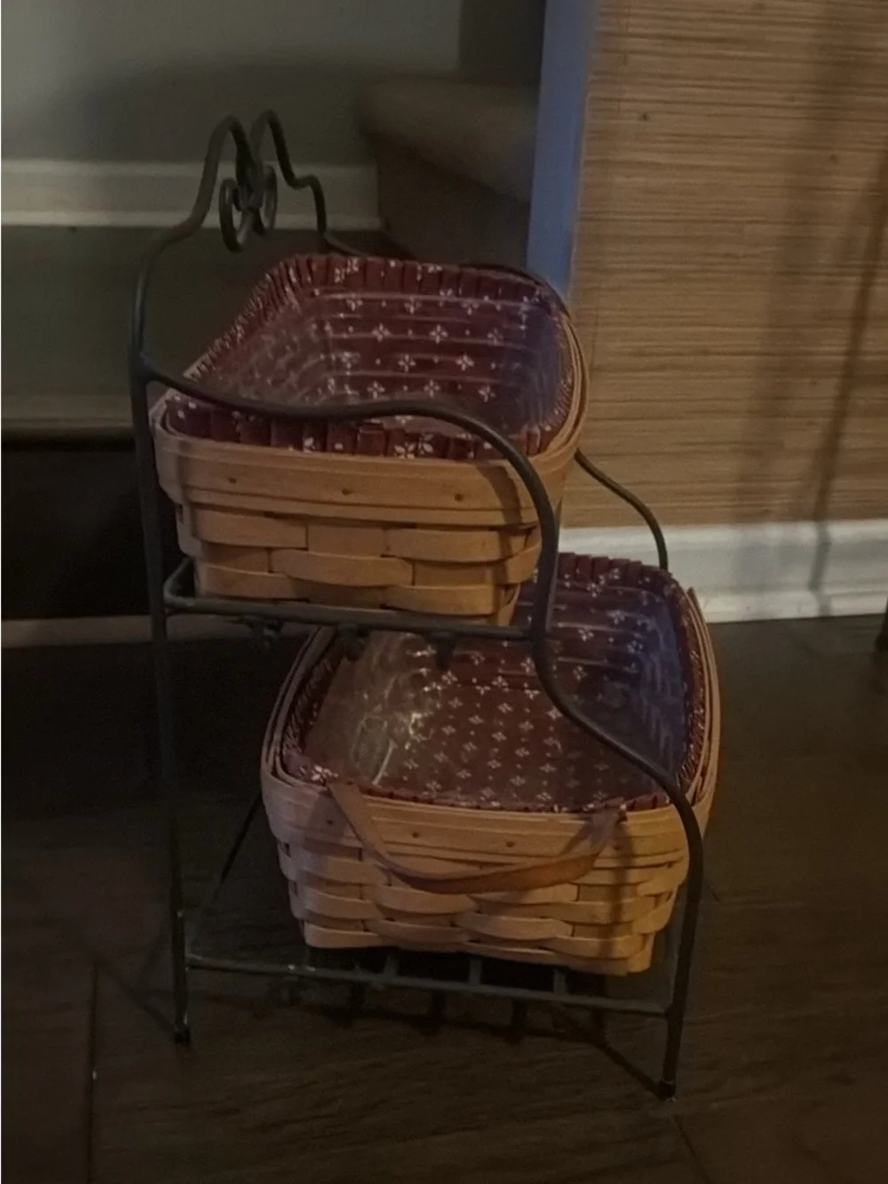 Longaberger Two-Tier Wrought Iron Shelf with Woven Baskets with Burgundy Liner